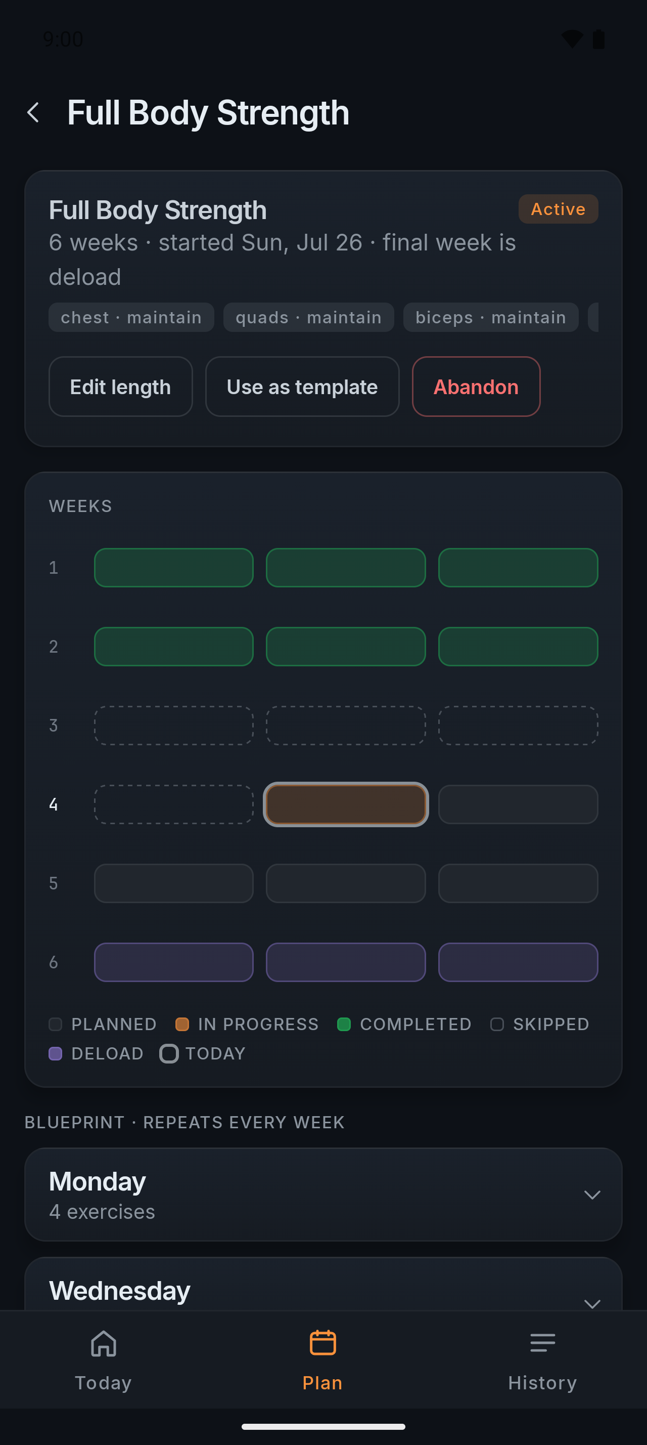 The Full Body Strength week grid: every week of the block, completed weeks in green, today in progress in orange, and the final deload week in violet
